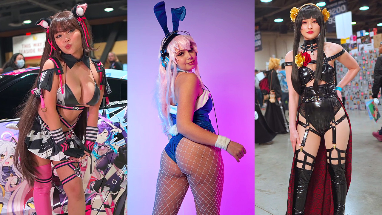 Model and content creator Mizzi Mie cosplaying as the anime character Nero (left), a cosplayer dressed as a Playboy Bunny (center), and a cosplayer dressed as the anime character Yor Forger from Spy × Family (right) | Source: The L.A. Explorer